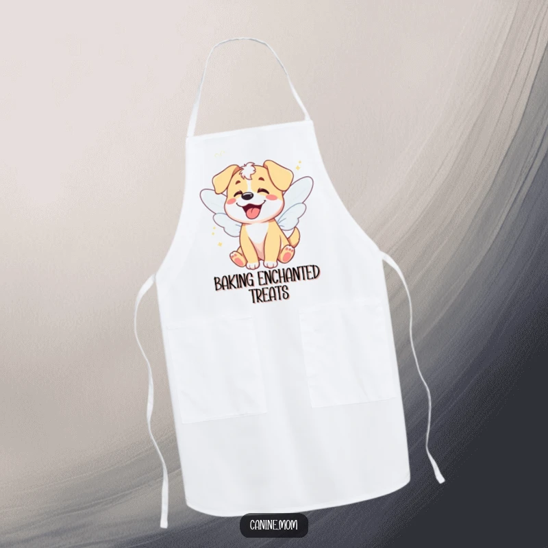 Funny apron with a giggling dog wearing fairy wings, baking with magical flair, a whimsical funny gift.