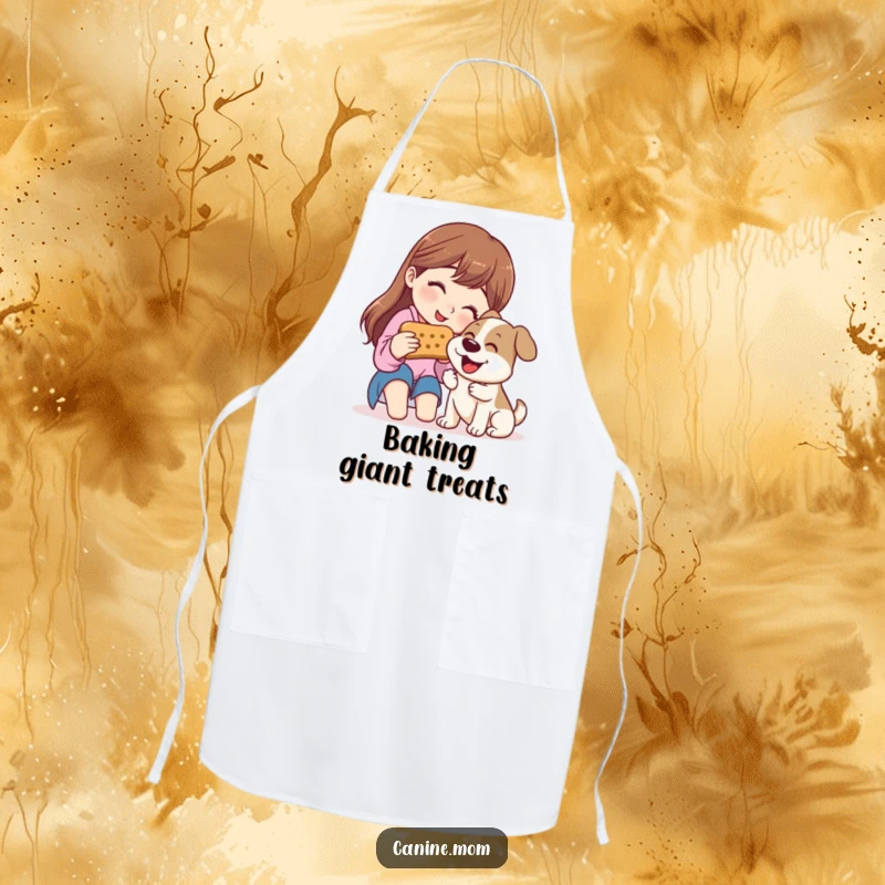 Funny Apron: Woman sharing a giant dog biscuit with a happy dog, perfect for a playful cook.
