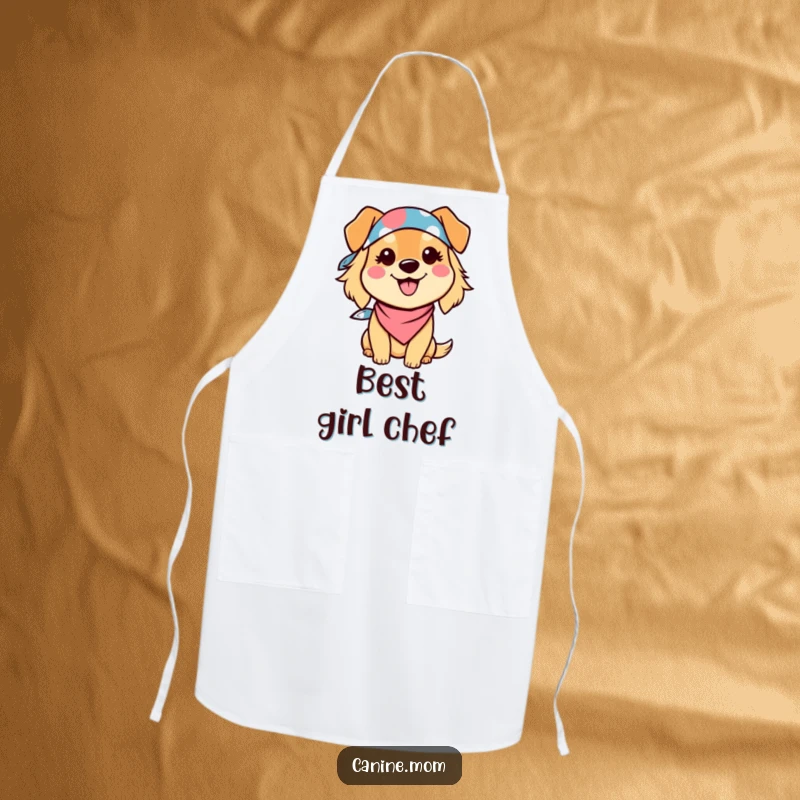 Funny Dog Lady Apron showing a kawaii character in a bandana, smiling broadly while ready to cook. A great funny gift for bakers.