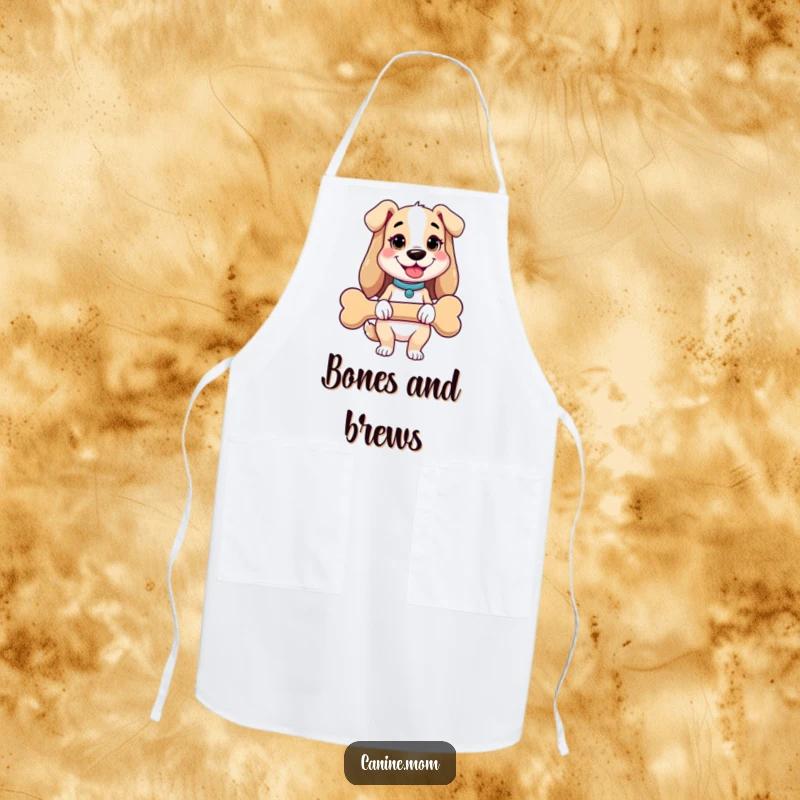 Funny dog lady apron of a cheerful woman holding an oversized dog bone. A humorous and protective garment for devoted dog owners.