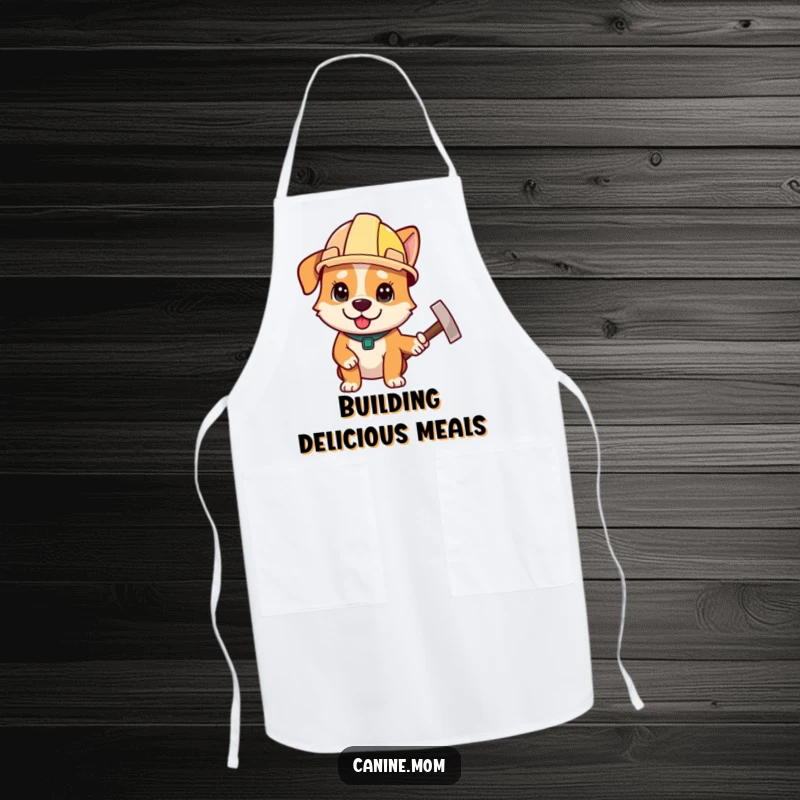 Funny apron with a determined dog wearing a construction helmet, ready to cook, a funny gift for chefs.