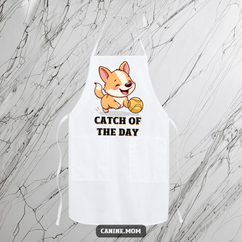 Funny dog apron showing a happy dog with a ball, ready to play, making kitchen tasks feel like a fun game.