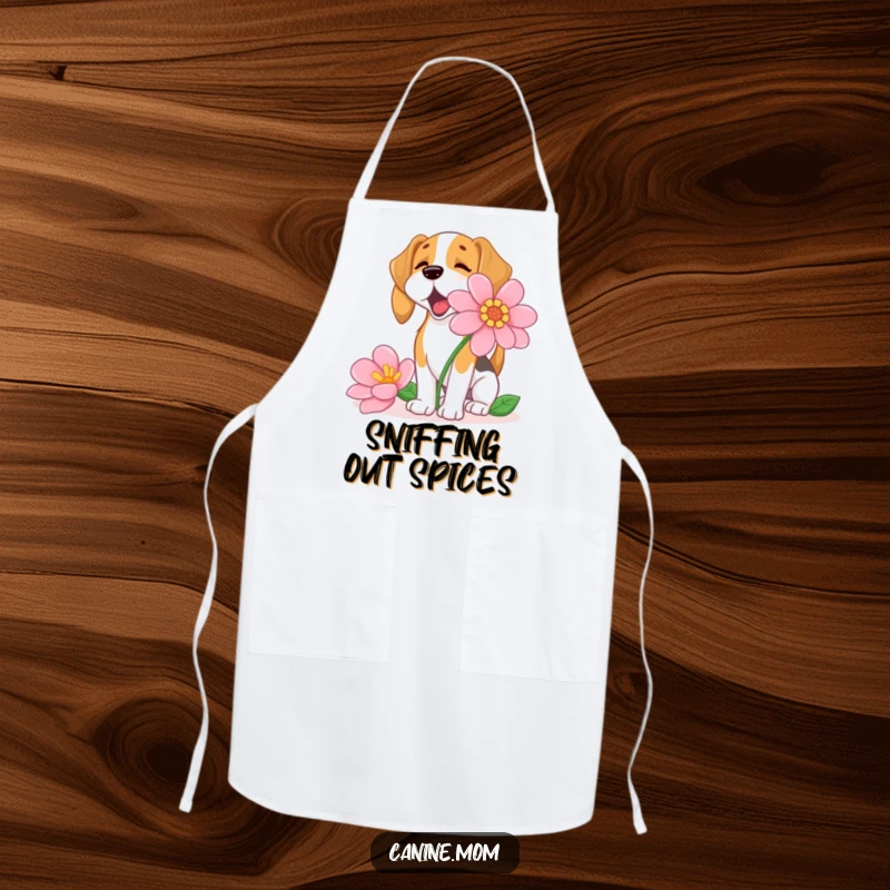 Funny Beagle Apron, excitedly sniffing a giant flower while gardening, a humorous and practical accessory for nature lovers.