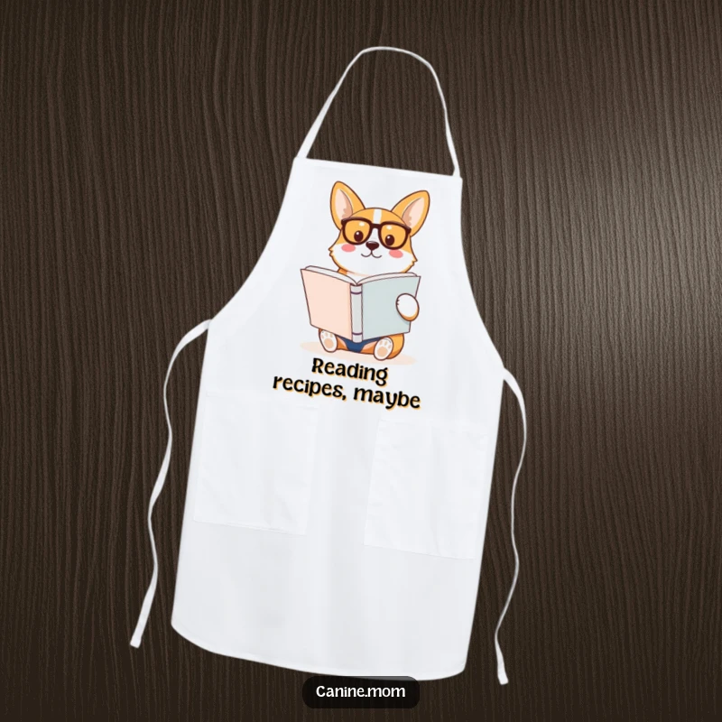 Funny Corgi Apron, wearing spectacles and reading a book while cooking, a humorous and practical kitchen accessory.