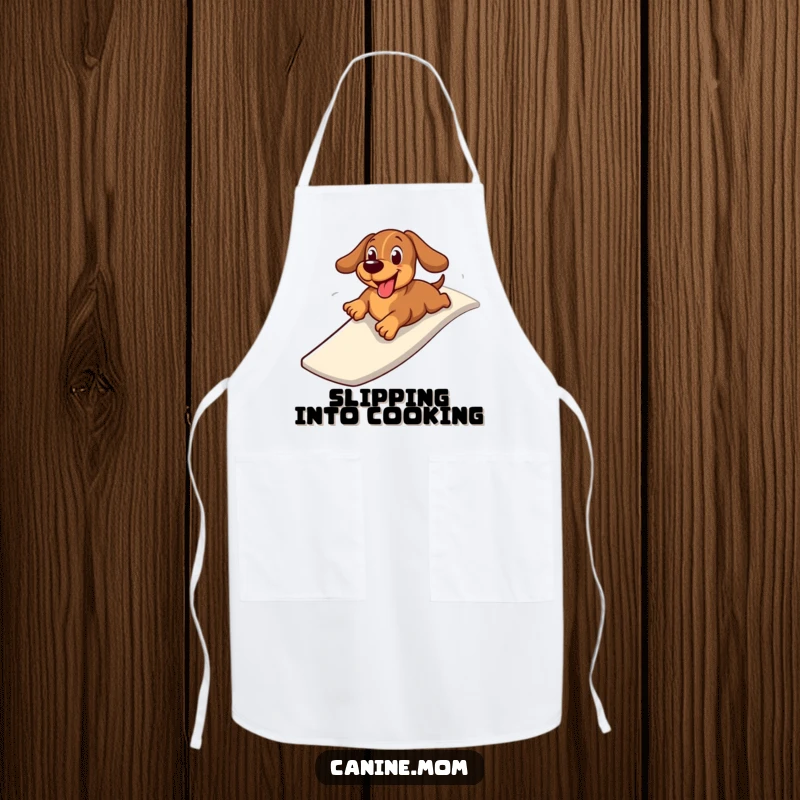 Funny apron featuring a cheerful dachshund zooming down a slide on its belly, adding humor to cooking and kitchen activities.