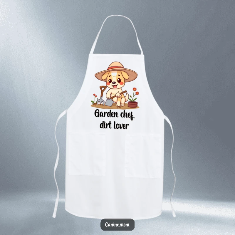 Funny dog apron with a happy character in a large floppy hat, gardening with a trowel, for garden tasks.