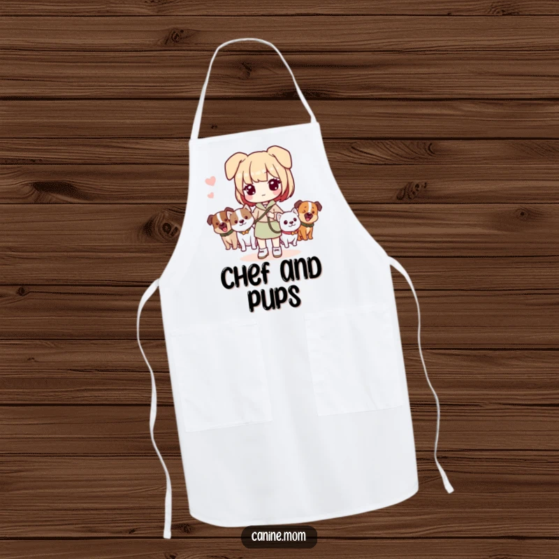 Funny apron featuring a Kawaii dog lady holding a leash with multiple dogs, adding a playful touch to kitchen tasks.