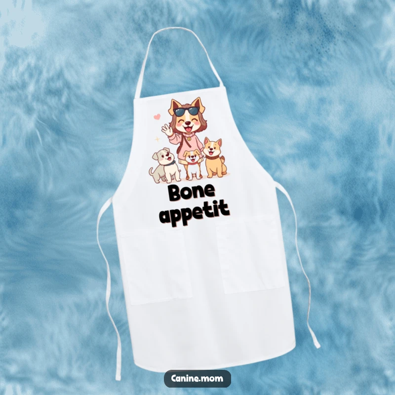 Funny dog lady apron of a woman enthusiastically waving hello to passing dogs. A humorous and practical garment for dog lovers.
