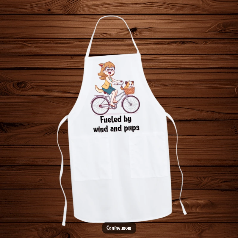 Funny apron illustrating a dog lady happily cycling, with a basket full of wagging dogs, ready for any culinary journey.