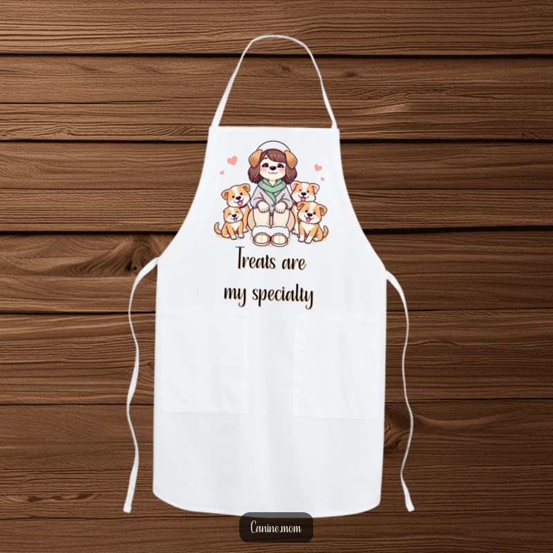 Funny cooking apron of a dog lady in slippers, with happy dogs playfully surrounding her while she bakes.