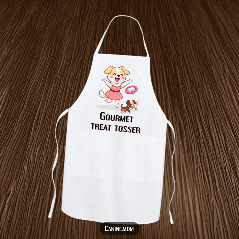 Funny Dog Lady Apron: Kawaii character throwing a frisbee, set against a backdrop of happy dogs. A fun funny gift for chefs.