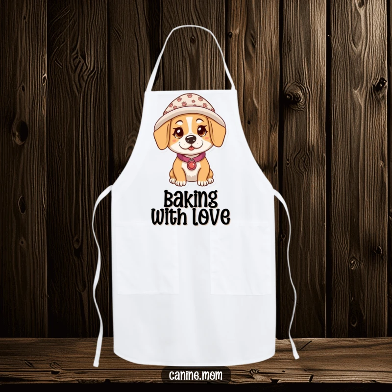Funny apron featuring a dog lady wearing a hat with tiny paw prints, perfect for kitchen fun and dog-themed humor.