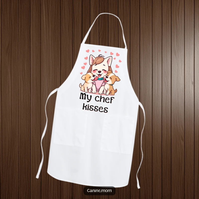 Funny apron showing a dog lady happily covered in licks from multiple enthusiastic dogs, ready for cooking.