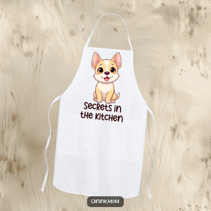 Funny dog apron showing a dog with its ears sharply perked, ready to listen to recipe secrets or treat announcements.