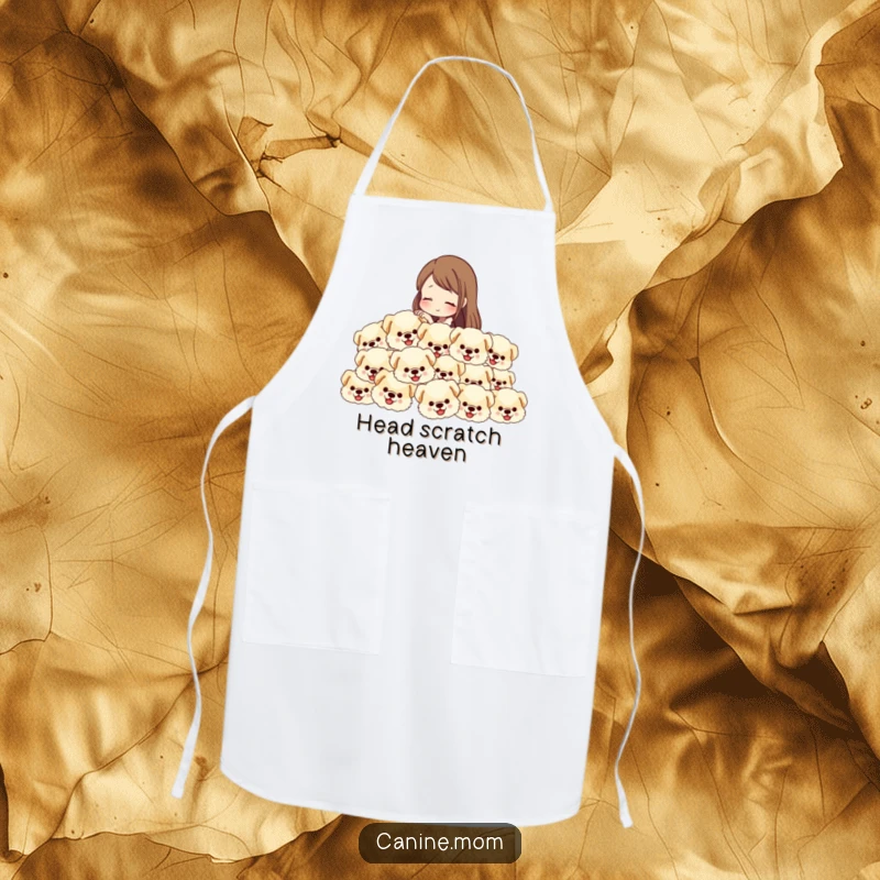 Funny apron showing a woman petting a vast amount of fluffy dog heads, making meal prep a delightful, humorous task.