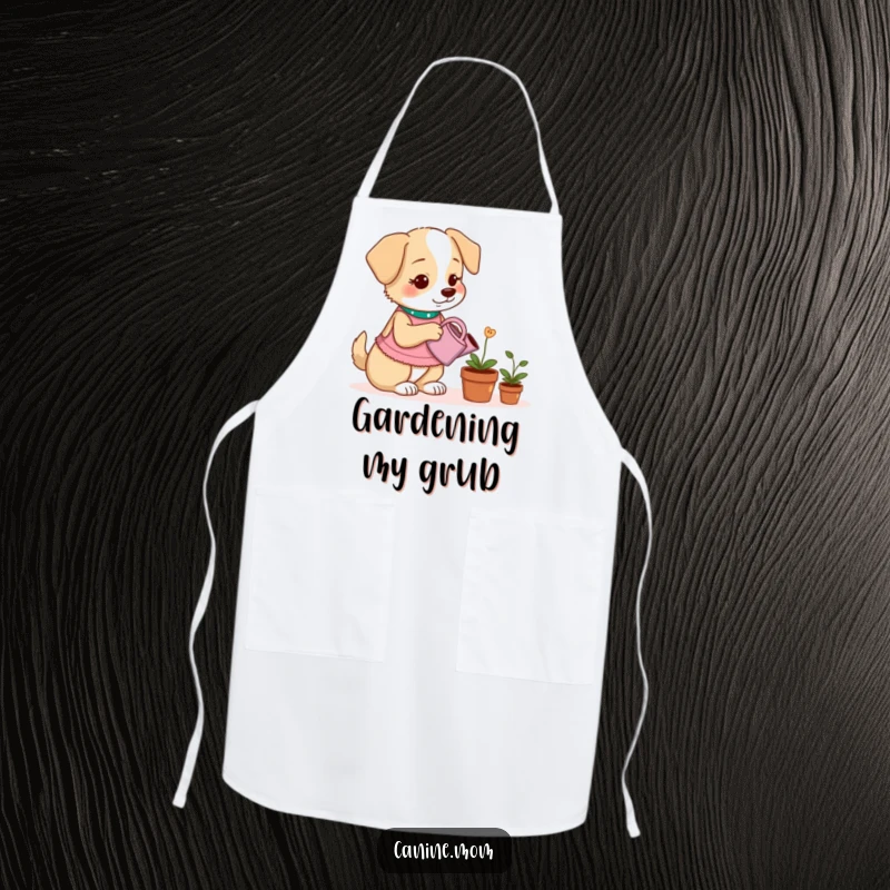 Funny apron showing a dog lady watering a potted plant that grows dog treats, perfect for kitchen or garden.