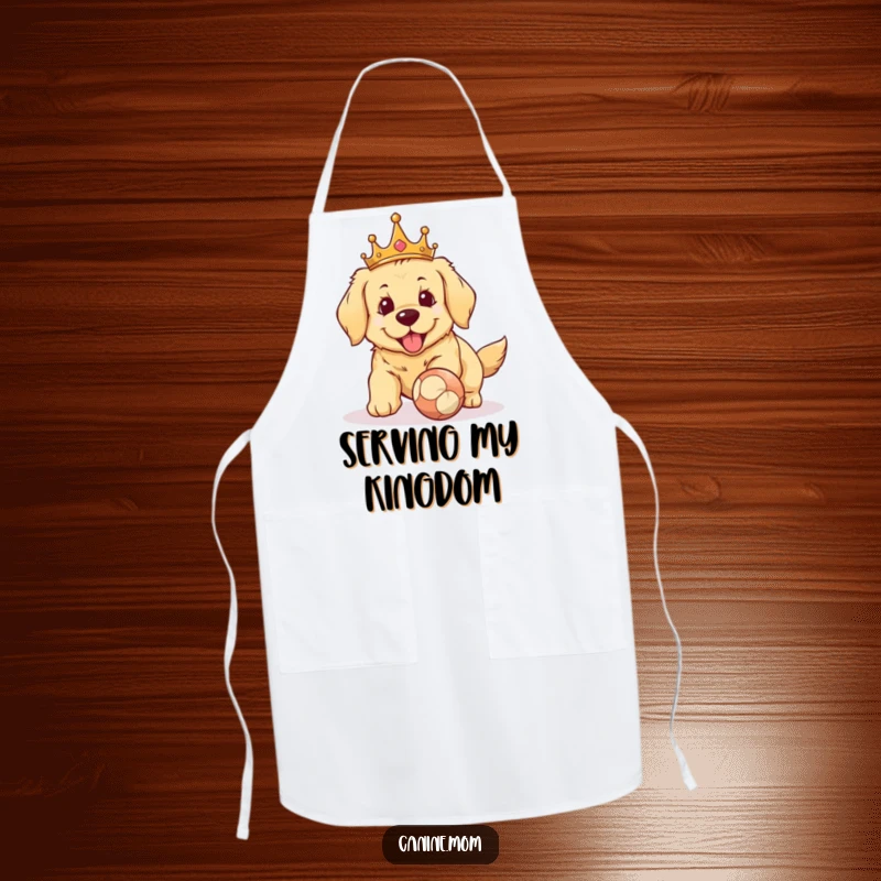 Funny Golden Retriever crown apron. A majestic dog wearing a crown, ready to fetch, symbolizing a fun and regal presence while cooking.