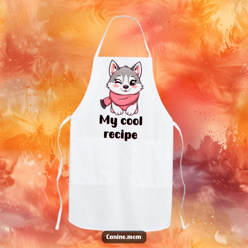 Funny apron featuring a husky wearing a scarf and giving a playful wink, perfect for adding humorous style to kitchen tasks. A fun and practical accessory.