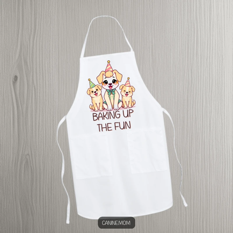 Funny kawaii dog lady character wearing an apron, with dogs in party hats joining her in a fun kitchen scene.