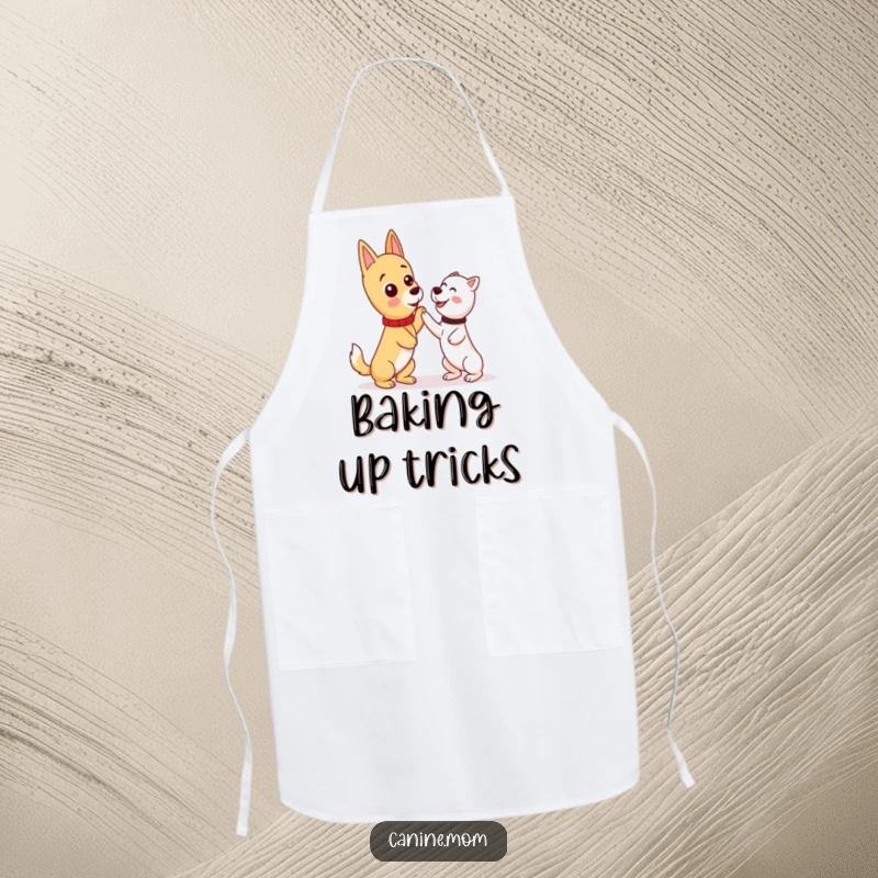 Funny kawaii dog lady character wearing an apron, with her dog attentively waiting for a command, a humorous kitchen scene.