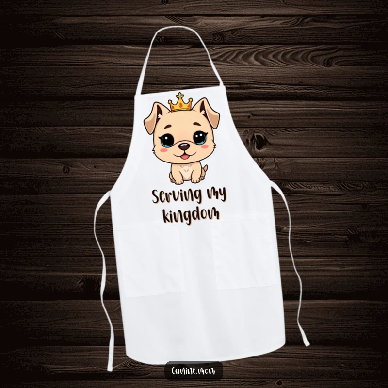 Funny apron with a proud dog wearing a small crown, ready to cook regally, a perfect funny gift for chefs.