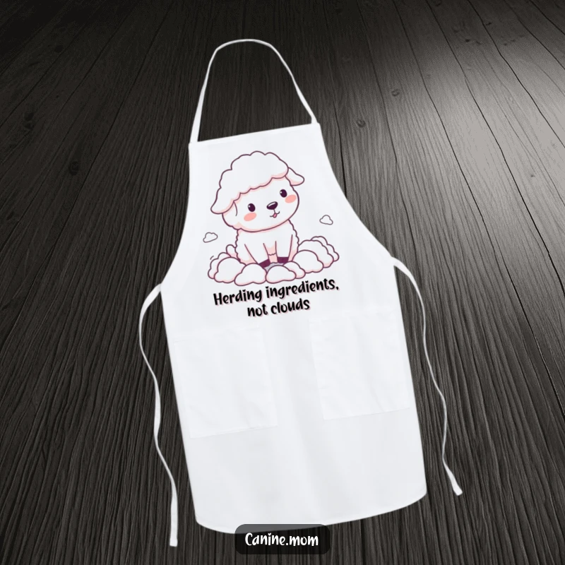 Funny Sheepdog Apron, comically herding small, fluffy cloud shapes while cooking, a humorous kitchen essential for pet lovers.