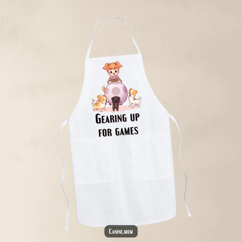 Funny apron showing a dog lady ready to throw a massive ball, with multiple dogs waiting eagerly, perfect for outdoor fun.