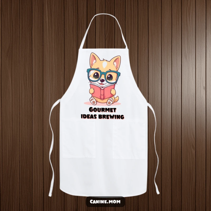 Funny dog apron, depicting a cute dog wearing oversized glasses, engrossed in reading a book, a humorous and practical kitchen accessory.
