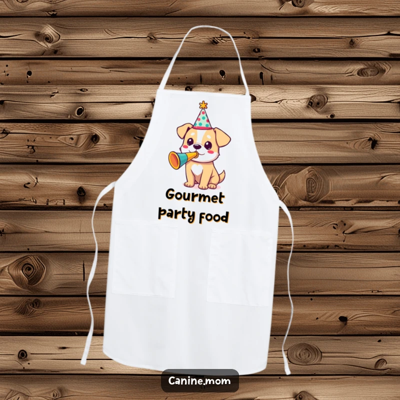 Funny apron with a dog in a party hat, blowing a trumpet while cooking, a fun and festive funny gift.