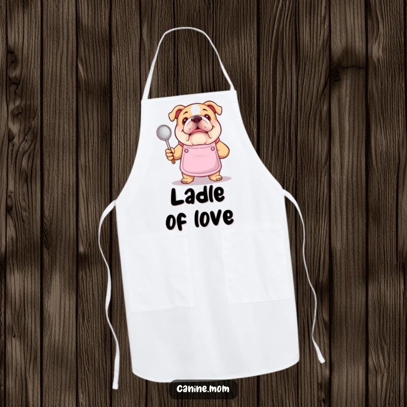 Funny bulldog chef apron. A bulldog wearing an apron proudly holds a soup ladle, ideal for keeping clothes clean with a humorous cooking statement.