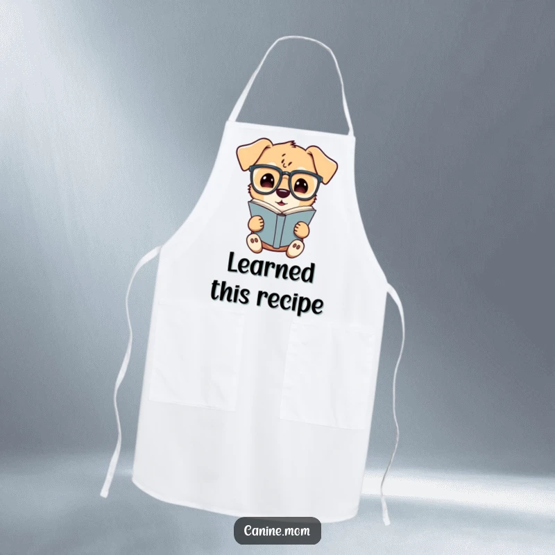 Funny apron design featuring a dog with glasses reading a book, ideal for kitchen use and adding a humorous touch to cooking.