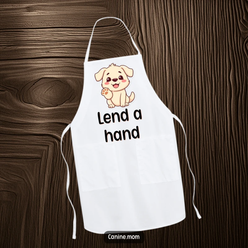 Funny dog apron showing a dog with a warm smile offering its paw, adding a friendly touch to any kitchen.