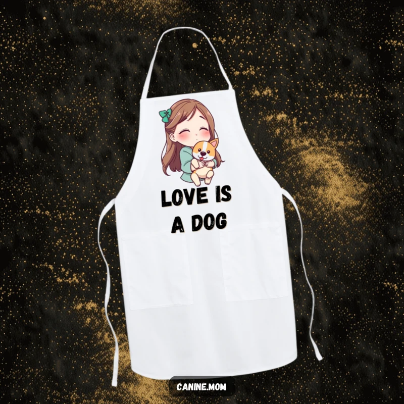 Funny apron showing a woman holding a dog and blowing a kiss, making kitchen duty a loving and humorous affair.