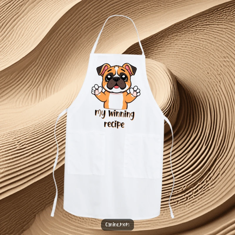 Funny apron featuring a boxer dog raising tiny paws in a cheer, perfect for adding energetic humor to kitchen tasks. A fun and practical accessory.