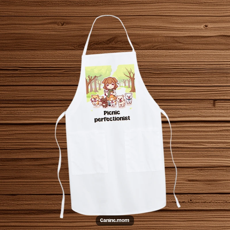 Funny Dog Lady Apron: A kawaii character enjoys a park scene with happy dogs running freely. A fun funny gift for cooks.