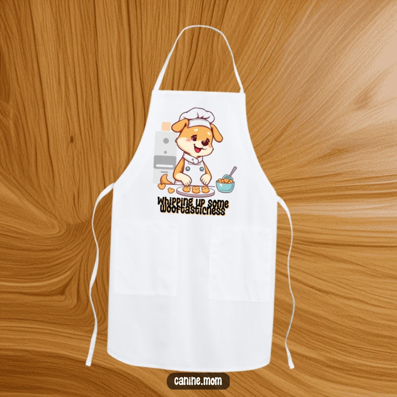 Funny apron showing a dog lady chef with flour on her nose, happily baking miniature dog cookies, ready for kitchen fun.