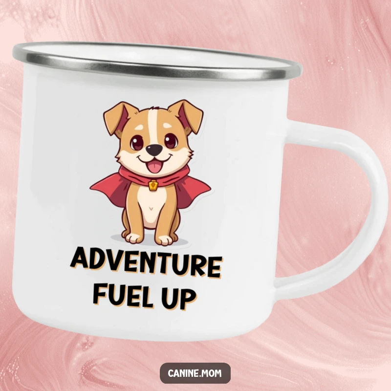 Funny camping mug showing an energetic dog in a superhero cape, ready for adventure, perfect for campers who love action and humor.