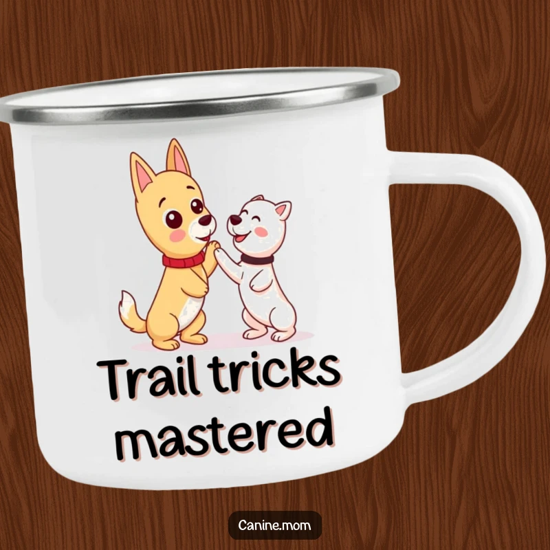 Funny kawaii dog lady character holding a camping mug, training her dog outdoors, a humorous and rugged scene.