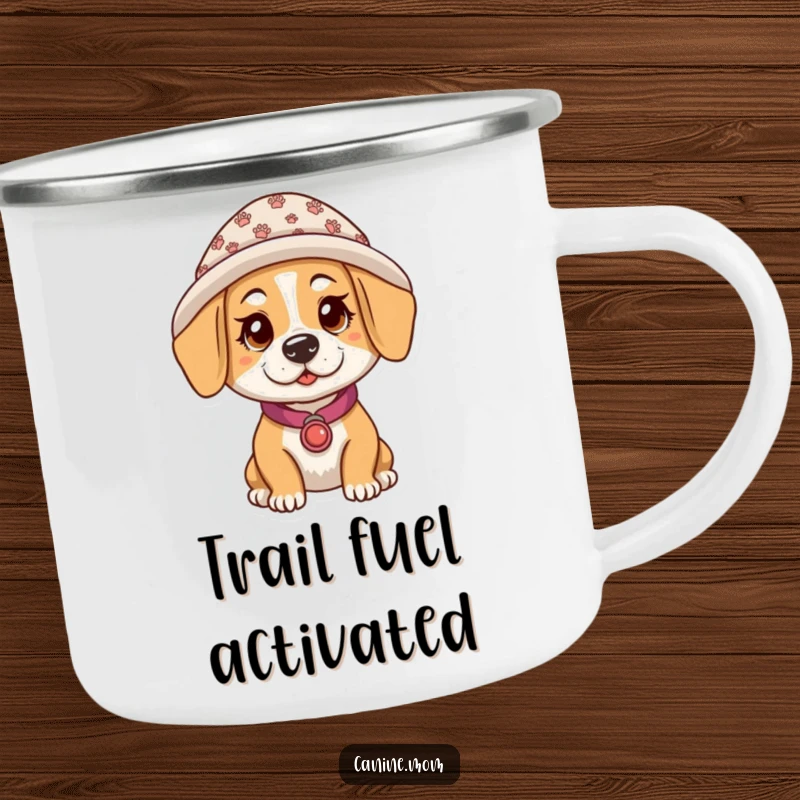 Funny camping mug featuring a dog lady in a hat with paw prints, designed for outdoor adventures with a humorous, dog-loving touch.