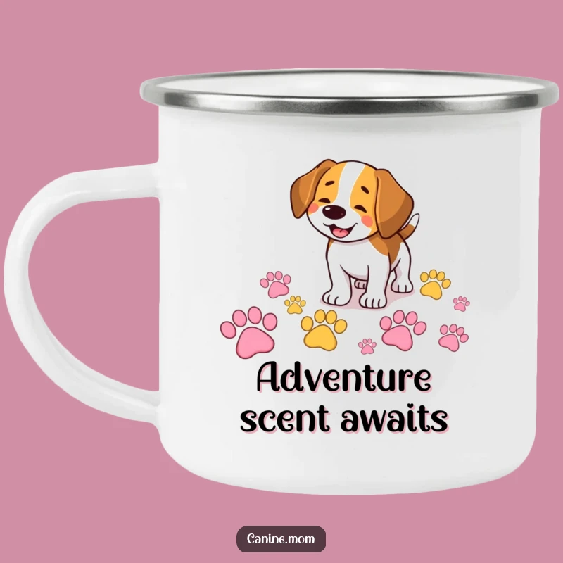 Funny Beagle Camping Mug: Sniffing Colorful Paw Prints, Comedic Adventure