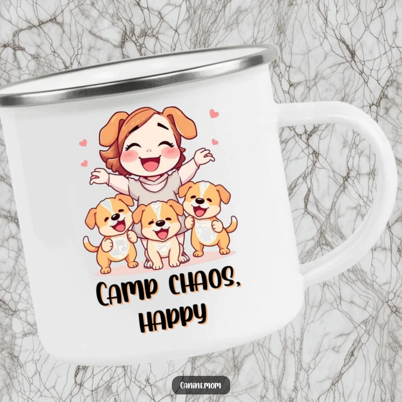 Funny dog lady camping mug with three wagging puppies, perfect for outdoor enthusiasts and dog lovers.