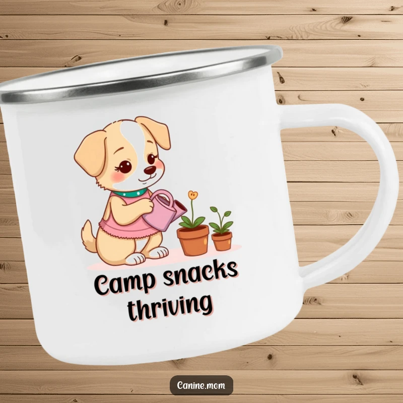 Funny camping mug showing a dog lady watering a potted plant that grows dog treats, ideal for outdoor use.