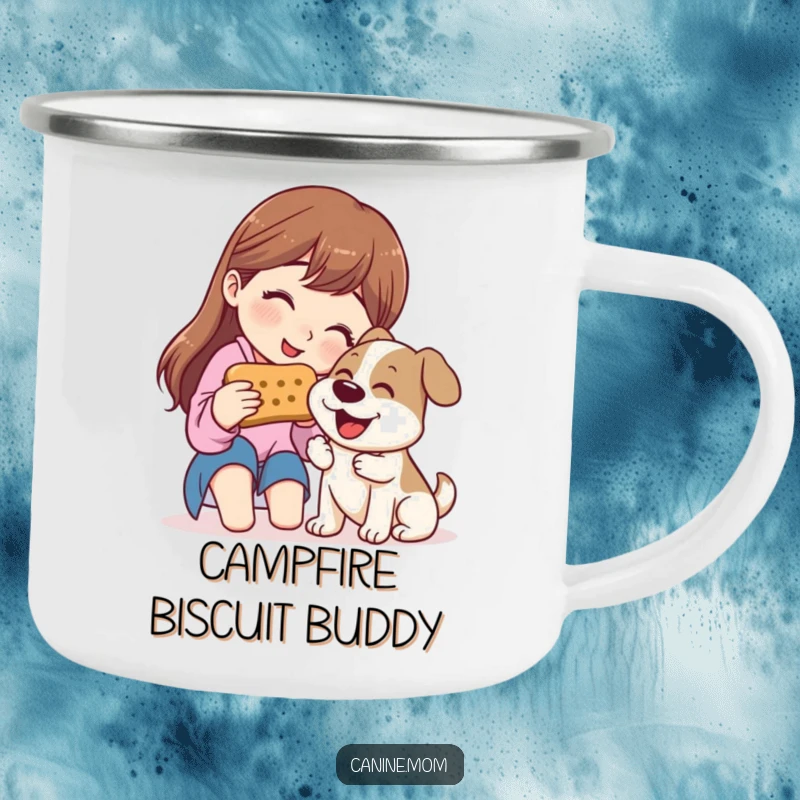 Funny Camping Mug: Woman sharing a giant dog biscuit with a happy dog, symbolizing friendship and treats.