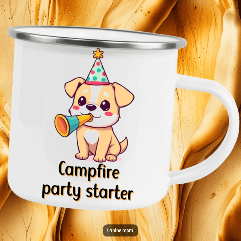 Funny camping mug with a dog in a party hat, blowing a trumpet outdoors, ideal for a fun funny gift.