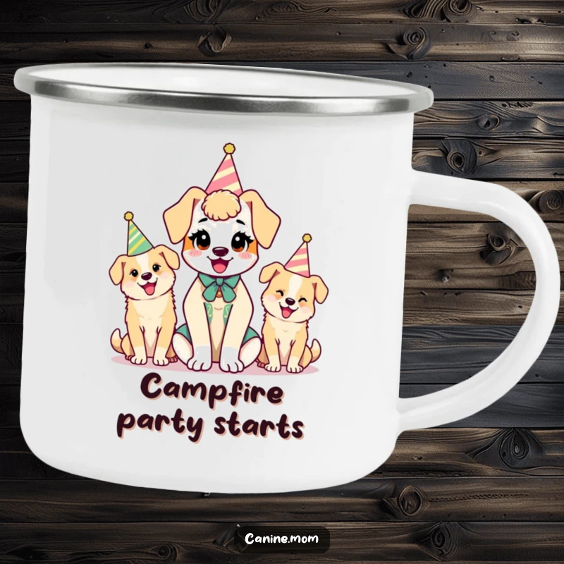 Funny kawaii dog lady character holding a camping mug, with dogs in party hats enjoying the outdoors, a humorous scene.