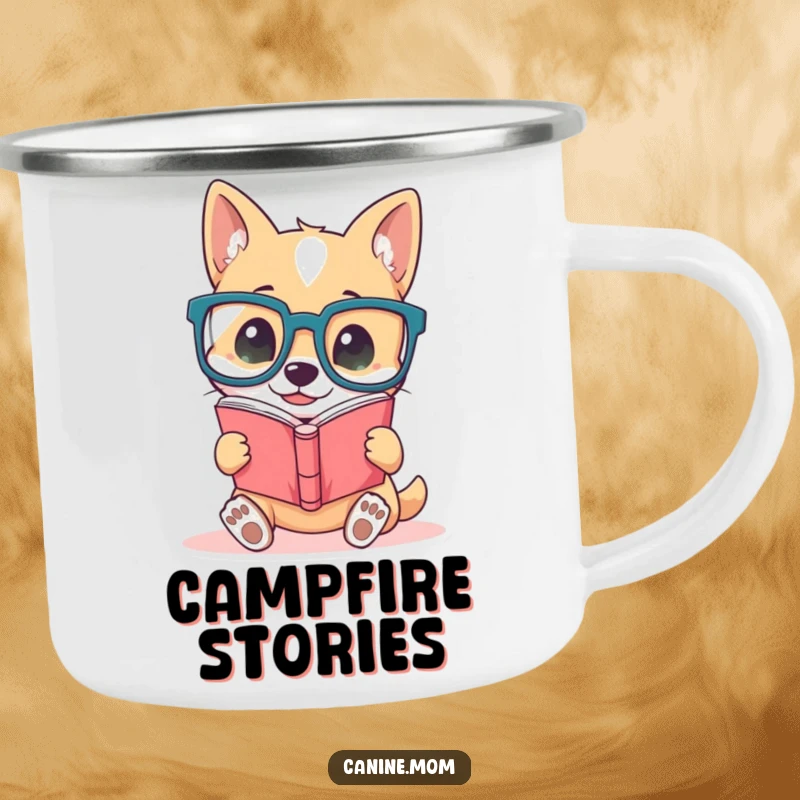 Funny dog camping mug, enamel finish, depicting a cute dog wearing oversized glasses, engrossed in reading a book, designed for outdoor literary enjoyment.