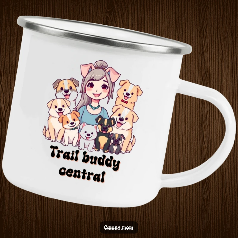 Funny camping mug showing a smiling dog lady with her dogs, ready for outdoor fun and adventure.