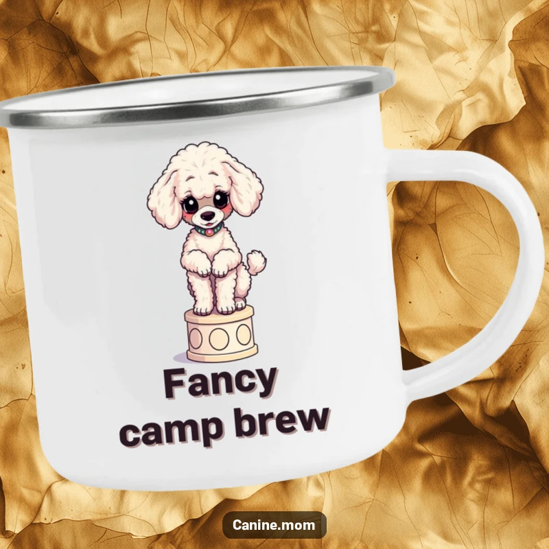 Funny Poodle Camping Mug: A curious poodle poses elegantly on a pedestal, perfect for enjoying drinks outdoors.