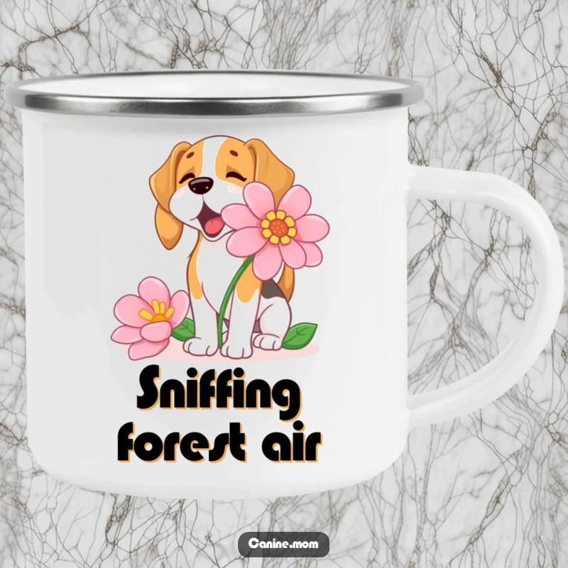 Funny Beagle Camping Mug, enthusiastically sniffing a giant flower in an outdoor setting, a durable and humorous travel companion.