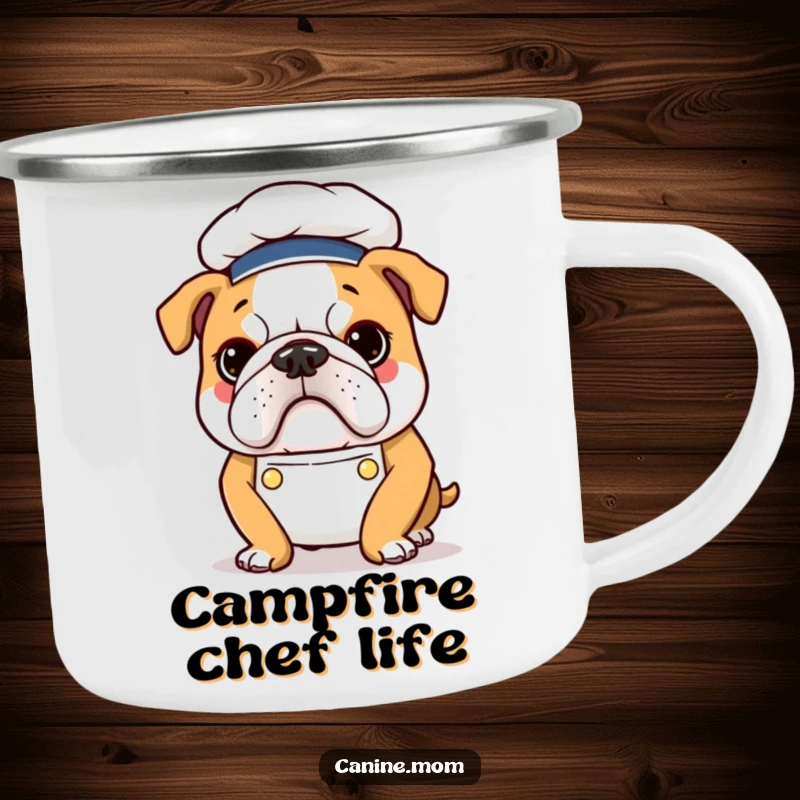 Funny Bulldog Chef Camping Mug: A determined bulldog in a chef hat and apron, ready for campfire cooking.